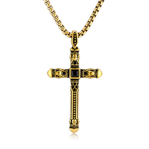 Men's Titanium Stainless Steel Gothic Cross Pendant Necklace - Bold Gold and Black Design-Men's Pendant Necklace-SunnyHouse Jewelry