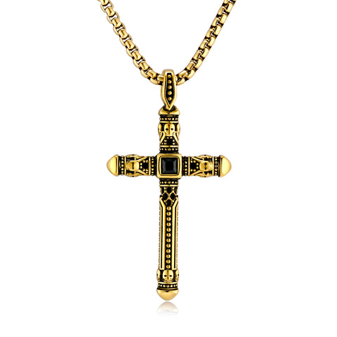 Men's Titanium Stainless Steel Gothic Cross Pendant Necklace - Bold Gold and Black Design-Men's Pendant Necklace-SunnyHouse Jewelry