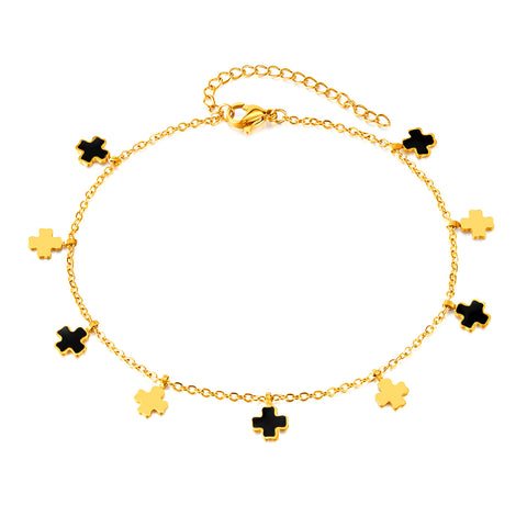 Stylish Gold Anklet with Black and Gold Cross Charms - Elegant Accessory for Daily Wear-Women's Anklet-SunnyHouse Jewelry