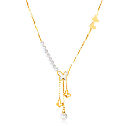 Elegant Women's Butterfly and Pearl Pendant Necklace - Gold Chain Jewelry with Lariat Design-Women's Necklace-SunnyHouse Jewelry