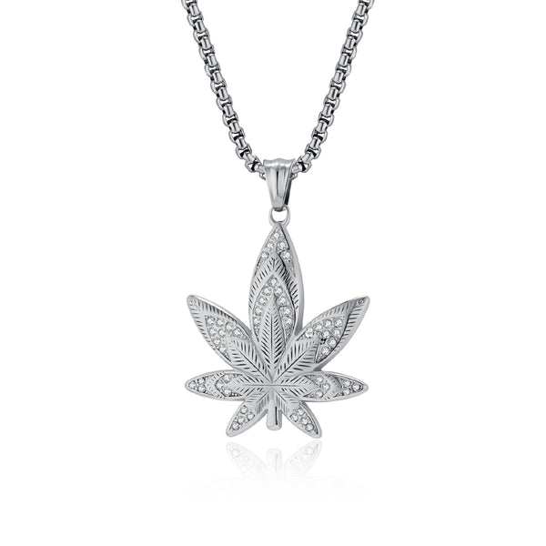 Men's Gold Titanium Stainless Steel Marijuana Leaf Pendant Necklace - Iced Out Design, Durable, Hypoallergenic, Stylish Hip-Hop Jewelry-Men's Pendant Necklace-SunnyHouse Jewelry