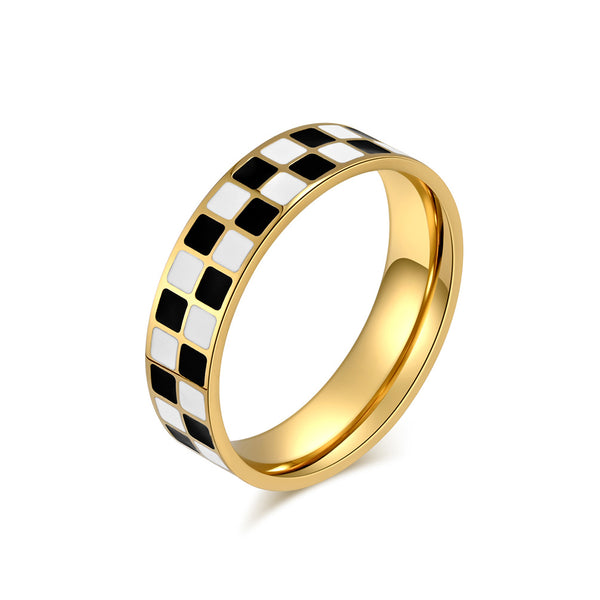 Women’s Titanium Stainless Steel Checkerboard Ring – Modern Black and White Inlay Band – Durable and Stylish Jewelry for Women-Women's Ring-SunnyHouse Jewelry