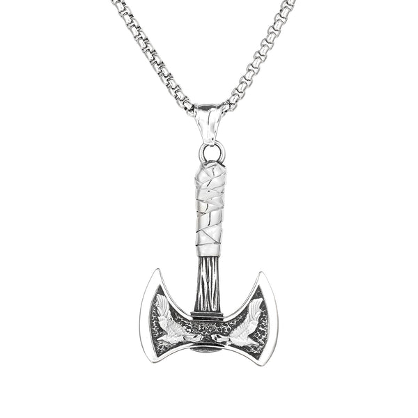 Men’s Titanium Stainless Steel Viking Axe Pendant Necklace – Double-Headed Axe with Gold-Tone Eagle Accents – Durable Nordic Jewelry for Men-Men's Pendant Necklace-SunnyHouse Jewelry