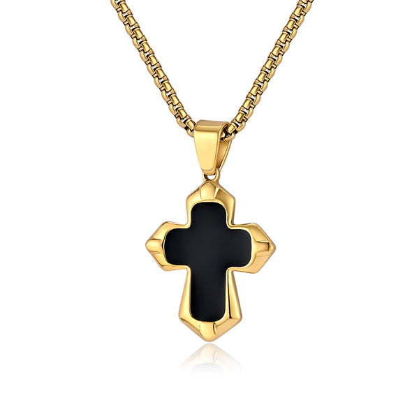 Men's Titanium Stainless Steel Pendant Necklace with Black Inlay Cross - Sleek and Modern Design-Men's Pendant Necklace-SunnyHouse Jewelry