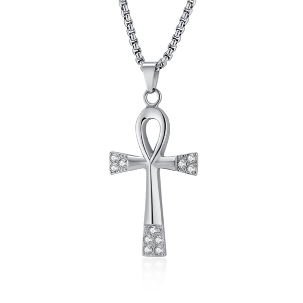 Men's Titanium Stainless Steel Cross Pendant Necklace with Ankh Design and Cubic Zirconia - Elegant Gold Finish, Hypoallergenic Chain Included-Men's Pendant Necklace-SunnyHouse Jewelry