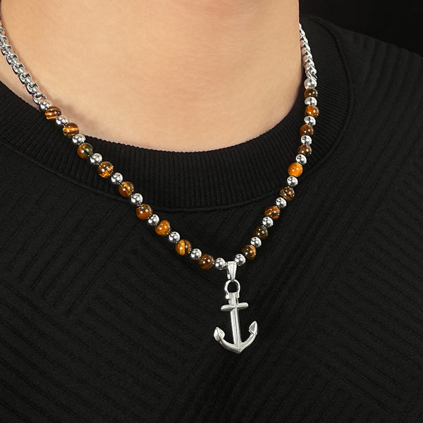 Men's Tiger Eye Bead Necklace with Stainless Steel Anchor Pendant - Elegant, Nautical-Themed Jewelry, Ideal for Daily Wear and Gift Giving-Men's Pendant Necklace-SunnyHouse Jewelry