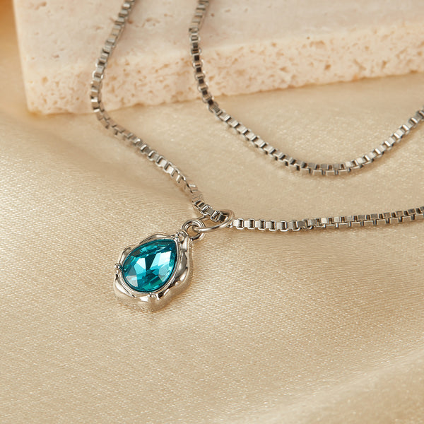 Elegant Women's Teardrop Pendant Necklace with Aquamarine Crystal - Silver Chain Jewelry-Women's Necklace-SunnyHouse Jewelry