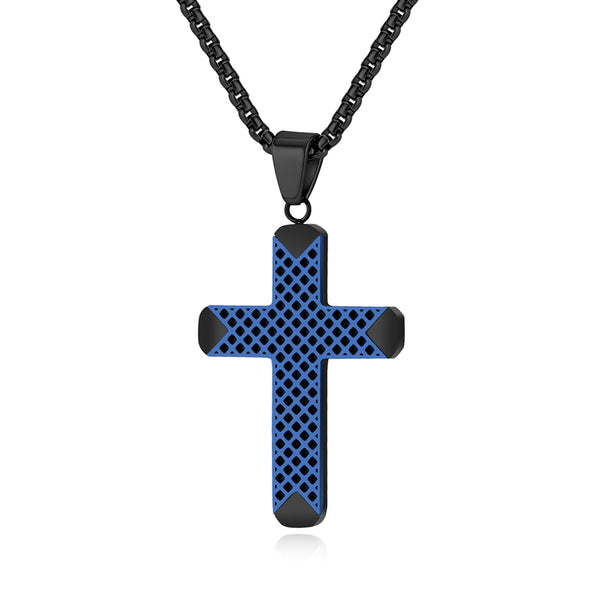 Men's Titanium Stainless Steel Cross Pendant Necklace with Blue Mesh Design - Modern and Stylish-Men's Pendant Necklace-SunnyHouse Jewelry