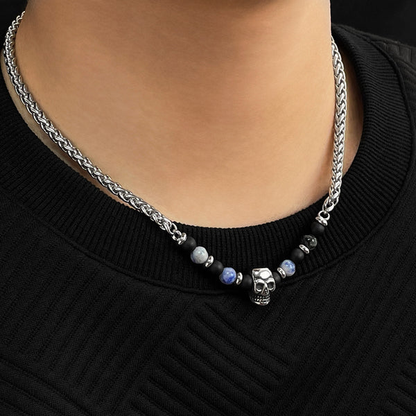 Men's Skull Bead Necklace with Black Onyx and Sodalite - Edgy Stainless Steel Chain, Perfect for Casual or Gothic Styles-Men's Pendant Necklace-SunnyHouse Jewelry