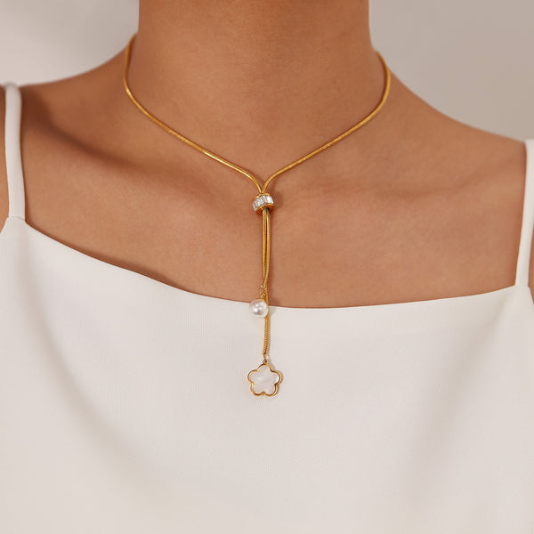 Elegant Women's Y-Necklace with Pearl and Mother of Pearl Clover Pendant – Fashionable Gold Long Necklace-Women's Necklace-SunnyHouse Jewelry