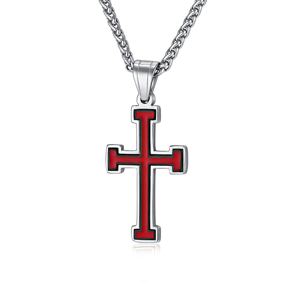 Men's Titanium Stainless Steel Cross Pendant Necklace with Red and White Enamel Inlay, a modern accessory designed to convey strength and faith.-Men's Pendant Necklace-SunnyHouse Jewelry