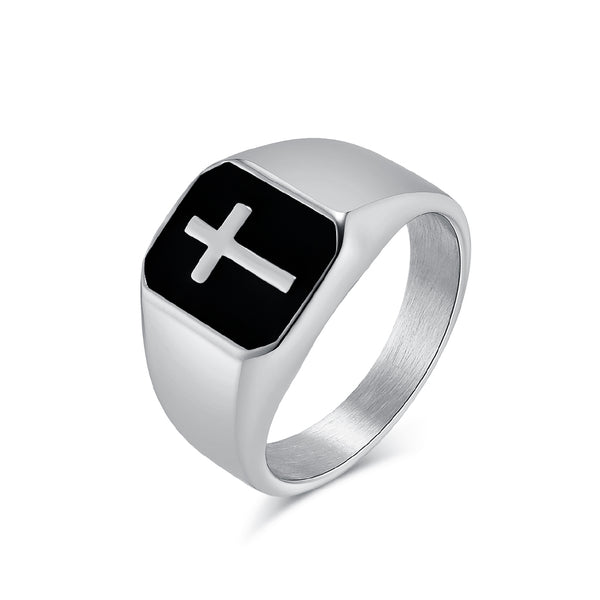 Men’s Titanium Stainless Steel Cross Ring – Black and Gold Religious Ring for Men – Durable Christian Jewelry – Stylish Faith Accessory-Men's Ring-SunnyHouse Jewelry