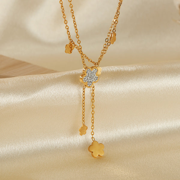 Women's Gold Layered Necklace with Clover and Crystal Pendants - Sparkling Elegant Jewelry-Women's Necklace-SunnyHouse Jewelry