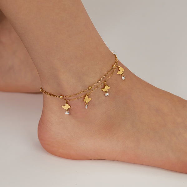 Delicate Gold Layered Anklet with Butterfly Charms and Crystal Drops - Perfect for Elegant Occasions-Women's Anklet-SunnyHouse Jewelry