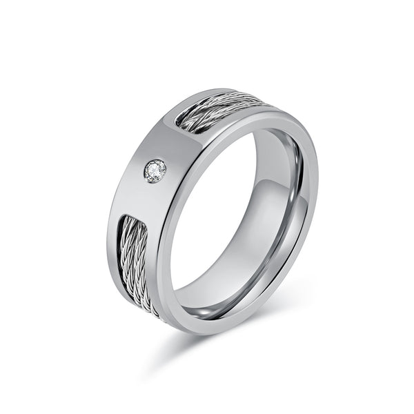 Men’s Titanium Stainless Steel Cable Wire Ring with Black Plating and Crystal Accent – Modern and Stylish Band for Men – Durable and Unique Gift-Men's Ring-SunnyHouse Jewelry