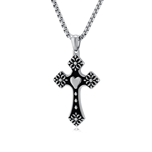 Men's Titanium Stainless Steel Cross Pendant Necklace with Heart and Floral Design - Elegant, Hypoallergenic Chain Included-Men's Pendant Necklace-SunnyHouse Jewelry