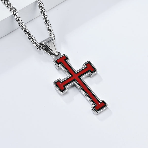 Men's Titanium Stainless Steel Cross Pendant Necklace with Red and White Enamel Inlay, a modern accessory designed to convey strength and faith.-Men's Pendant Necklace-SunnyHouse Jewelry