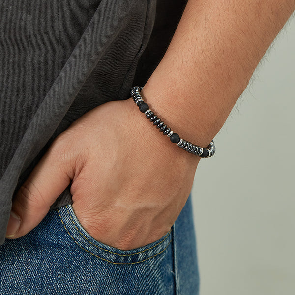 Sleek Men's Hematite and Lava Stone Bracelet with Stainless Steel Accents - Modern and Masculine Jewelry-Men's Bracelet-SunnyHouse Jewelry