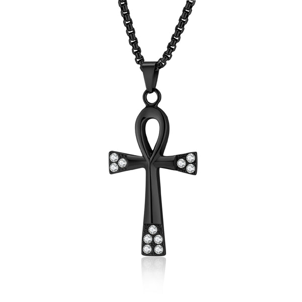 Men's Titanium Stainless Steel Cross Pendant Necklace with Ankh Design and Cubic Zirconia - Elegant Gold Finish, Hypoallergenic Chain Included-Men's Pendant Necklace-SunnyHouse Jewelry