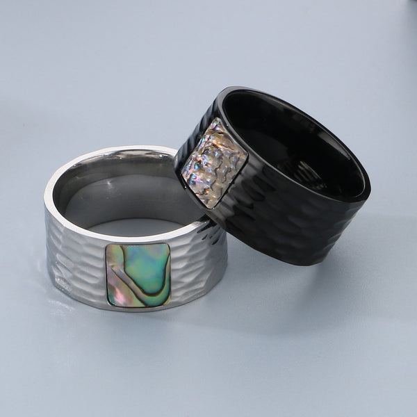 Men's Titanium Stainless Steel Ring with Abalone Shell Inlay - Hammered Finish, Unique Design-Men's Ring-SunnyHouse Jewelry