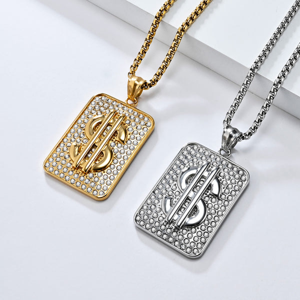 Men's Gold Titanium Stainless Steel Dollar Sign Pendant Necklace - Iced Out Design, Durable, Hypoallergenic, Stylish Hip-Hop Jewelry-Men's Pendant Necklace-SunnyHouse Jewelry