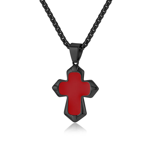 Men's Titanium Stainless Steel Pendant Necklace with Black Inlay Cross - Sleek and Modern Design-Men's Pendant Necklace-SunnyHouse Jewelry