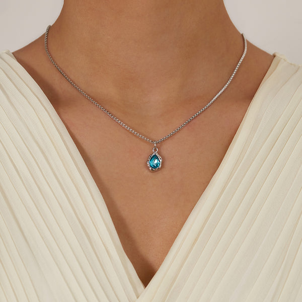 Elegant Women's Teardrop Pendant Necklace with Aquamarine Crystal - Silver Chain Jewelry-Women's Necklace-SunnyHouse Jewelry