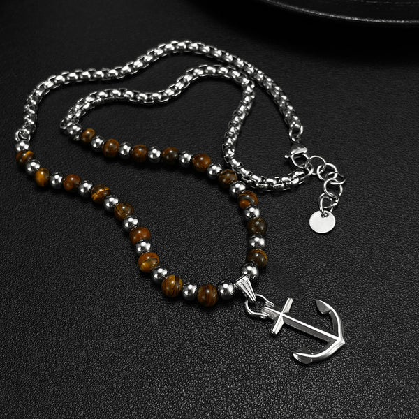 Men's Tiger Eye Bead Necklace with Stainless Steel Anchor Pendant - Elegant, Nautical-Themed Jewelry, Ideal for Daily Wear and Gift Giving-Men's Pendant Necklace-SunnyHouse Jewelry