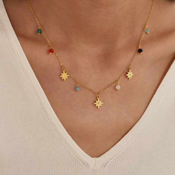 Women’s Titanium Stainless Steel Star Pendant Necklace with Colorful Beads, Gold-Plated, Hypoallergenic Adjustable Chain, Stylish Jewelry for Women and Girls-Women's Necklace-SunnyHouse Jewelry