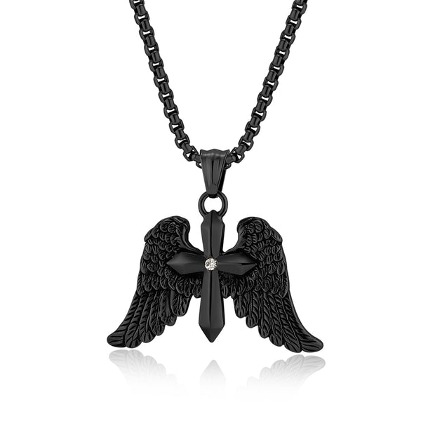 Men's Titanium Stainless Steel Angel Wings Sword Pendant Necklace with Cubic Zirconia - Durable, Hypoallergenic Chain Included-Men's Pendant Necklace-SunnyHouse Jewelry