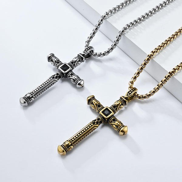 Men's Titanium Stainless Steel Gothic Cross Pendant Necklace - Bold Gold and Black Design-Men's Pendant Necklace-SunnyHouse Jewelry