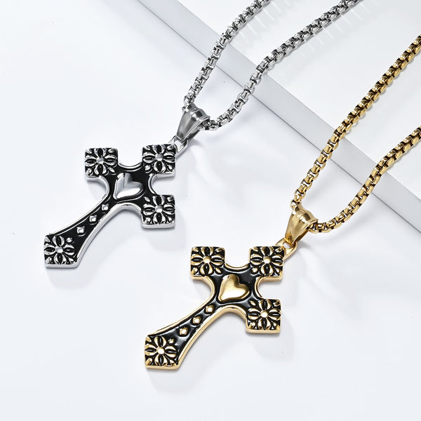 Men's Titanium Stainless Steel Cross Pendant Necklace with Heart and Floral Design - Elegant, Hypoallergenic Chain Included-Men's Pendant Necklace-SunnyHouse Jewelry