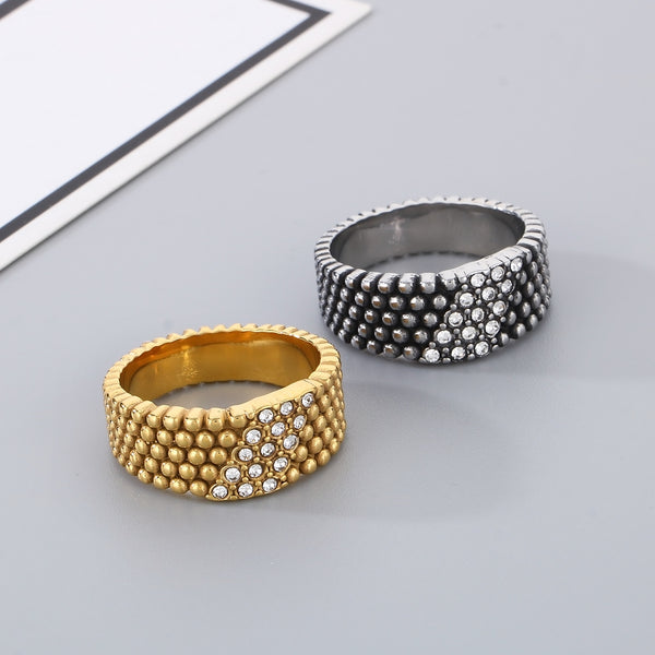 Men's Gold Titanium Stainless Steel Ring with Crystal Embellishments - Unique Textured Design-Men's Ring-SunnyHouse Jewelry