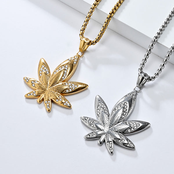 Men's Gold Titanium Stainless Steel Marijuana Leaf Pendant Necklace - Iced Out Design, Durable, Hypoallergenic, Stylish Hip-Hop Jewelry-Men's Pendant Necklace-SunnyHouse Jewelry