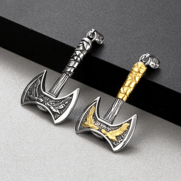 Men’s Titanium Stainless Steel Viking Axe Pendant Necklace – Double-Headed Axe with Gold-Tone Eagle Accents – Durable Nordic Jewelry for Men-Men's Pendant Necklace-SunnyHouse Jewelry