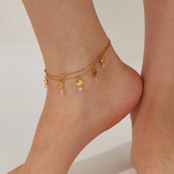 Delicate Gold Layered Anklet with Butterfly Charms and Crystal Drops - Perfect for Elegant Occasions-Women's Anklet-SunnyHouse Jewelry