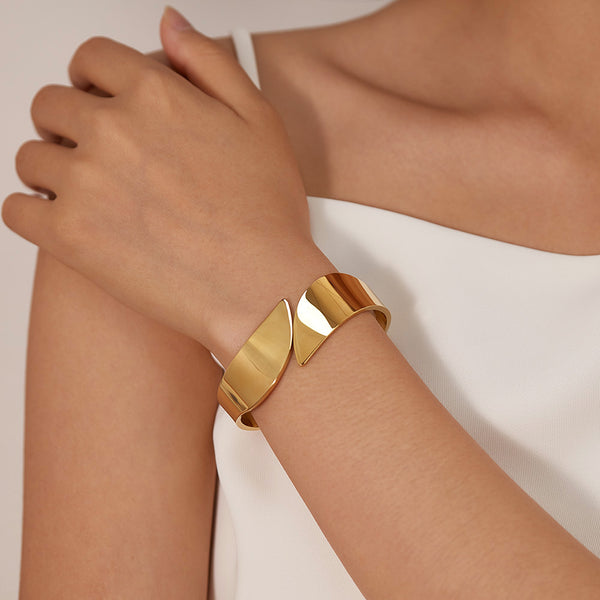 Elegant Gold Finish Wide Cuff Bangle for Women - Fashion Jewelry Bracelet, Adjustable, Modern Minimalist Design-Women's Bangle-SunnyHouse Jewelry