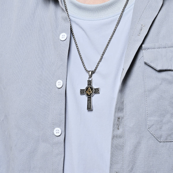 Men's Titanium Stainless Steel Freemason Cross Pendant Necklace with Celtic Knot Design - Durable, Hypoallergenic Chain Included-Men's Pendant Necklace-SunnyHouse Jewelry