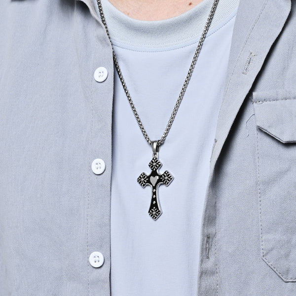 Men's Titanium Stainless Steel Cross Pendant Necklace with Heart and Floral Design - Elegant, Hypoallergenic Chain Included-Men's Pendant Necklace-SunnyHouse Jewelry