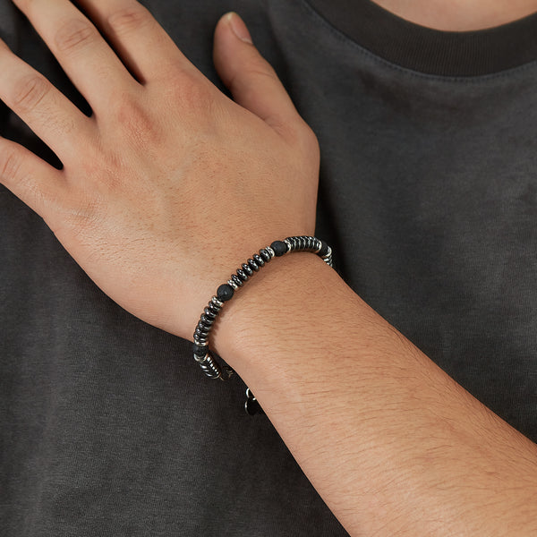 Sleek Men's Hematite and Lava Stone Bracelet with Stainless Steel Accents - Modern and Masculine Jewelry-Men's Bracelet-SunnyHouse Jewelry