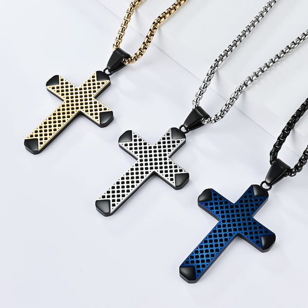 Men's Titanium Stainless Steel Cross Pendant Necklace with Blue Mesh Design - Modern and Stylish-Men's Pendant Necklace-SunnyHouse Jewelry