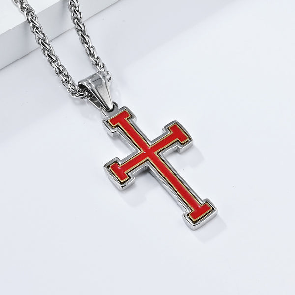 Men's Titanium Stainless Steel Cross Pendant Necklace with Red and White Enamel Inlay, a modern accessory designed to convey strength and faith.-Men's Pendant Necklace-SunnyHouse Jewelry