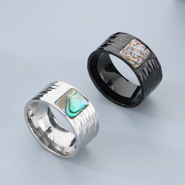 Men's Titanium Stainless Steel Ring with Abalone Shell Inlay - Hammered Finish, Unique Design-Men's Ring-SunnyHouse Jewelry