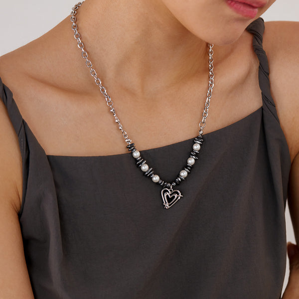 Women's Titanium Stainless Steel Heart Pendant Necklace with Pearl and Hematite Beads - Elegant and Hypoallergenic-Women's Necklace-SunnyHouse Jewelry