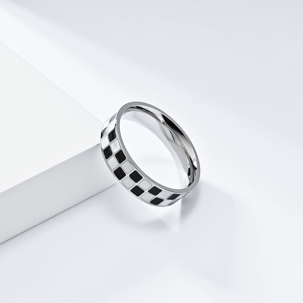 Women’s Titanium Stainless Steel Checkerboard Ring – Modern Black and White Inlay Band – Durable and Stylish Jewelry for Women-Women's Ring-SunnyHouse Jewelry