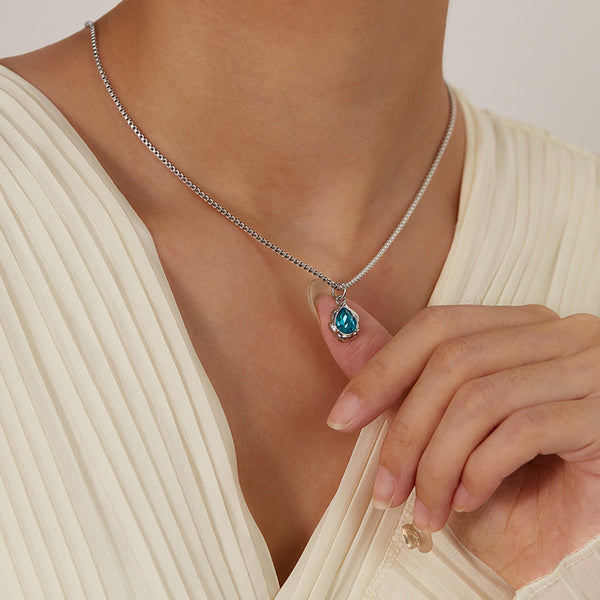 Elegant Women's Teardrop Pendant Necklace with Aquamarine Crystal - Silver Chain Jewelry-Women's Necklace-SunnyHouse Jewelry