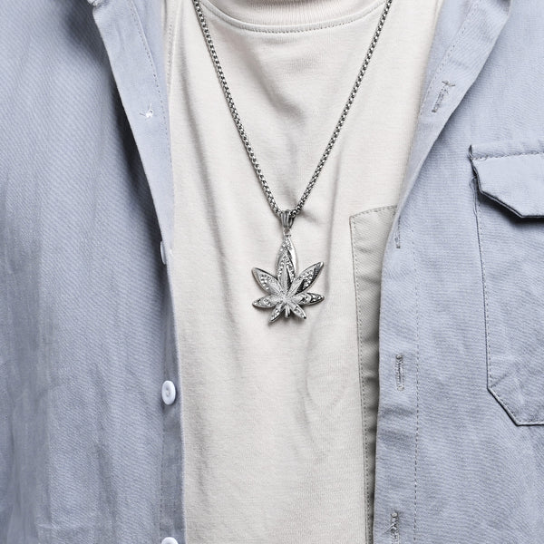 Men's Gold Titanium Stainless Steel Marijuana Leaf Pendant Necklace - Iced Out Design, Durable, Hypoallergenic, Stylish Hip-Hop Jewelry-Men's Pendant Necklace-SunnyHouse Jewelry