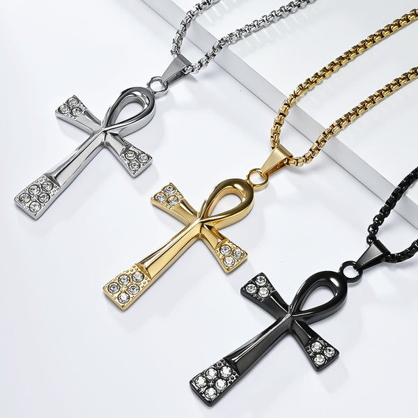 Men's Titanium Stainless Steel Cross Pendant Necklace with Ankh Design and Cubic Zirconia - Elegant Gold Finish, Hypoallergenic Chain Included-Men's Pendant Necklace-SunnyHouse Jewelry