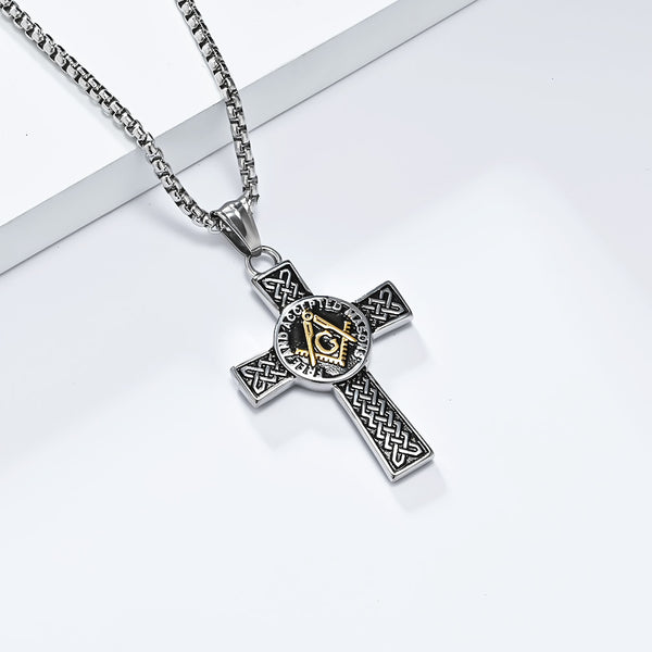 Men's Titanium Stainless Steel Freemason Cross Pendant Necklace with Celtic Knot Design - Durable, Hypoallergenic Chain Included-Men's Pendant Necklace-SunnyHouse Jewelry