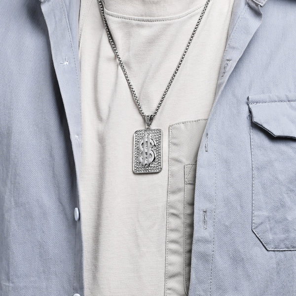 Men's Gold Titanium Stainless Steel Dollar Sign Pendant Necklace - Iced Out Design, Durable, Hypoallergenic, Stylish Hip-Hop Jewelry-Men's Pendant Necklace-SunnyHouse Jewelry